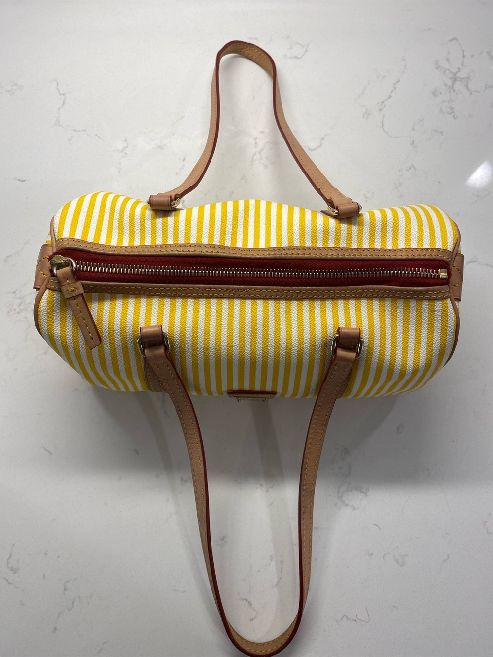 Dooney & Bourke Yellow & White Striped Barrel Shoulder Bag Tan Trim EUC ✨ - Picture 5 of 12
